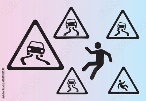 Collection of slippery road warning signs and falling person icons