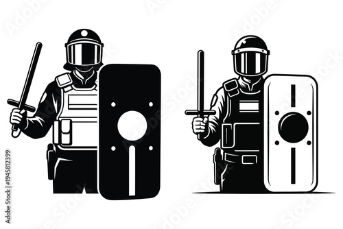 Riot police officers with shields and batons