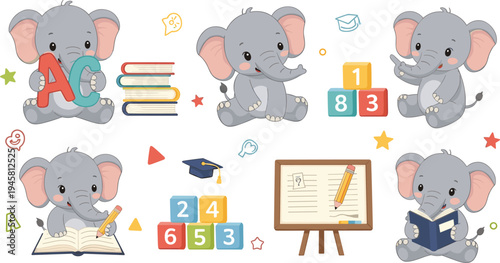 Cute baby elephant learning and education set with books alphabet numbers school elements cartoon vector illustration