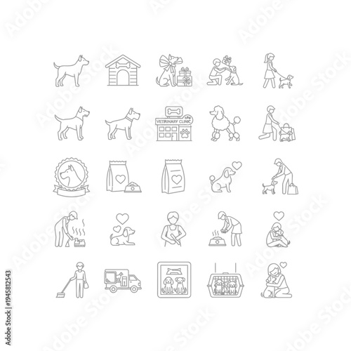 A collection of line drawings related to dogs and pet care