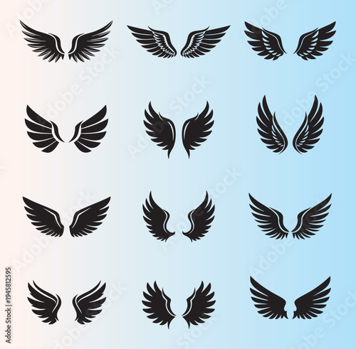 Collection of stylized angel wings in various designs isolated illustration