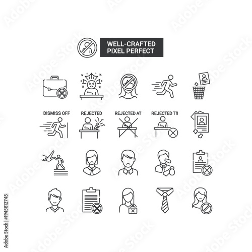 A collection of black and white icons depicting rejection