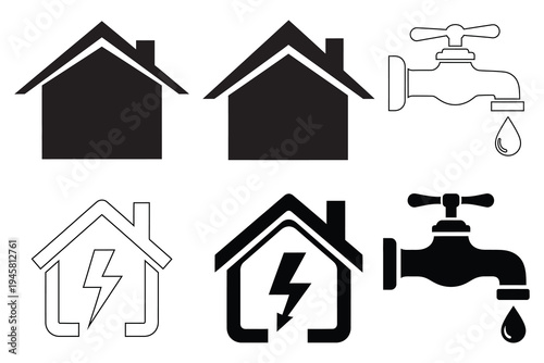 Black and white icons representing house safety and utility