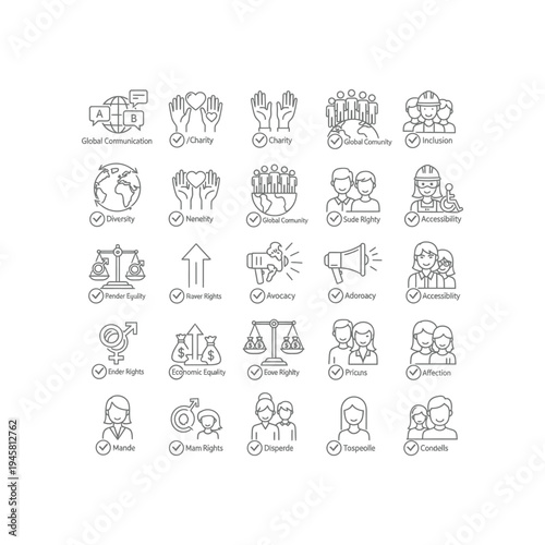 A collection of 20 line icons for social issues and human rights