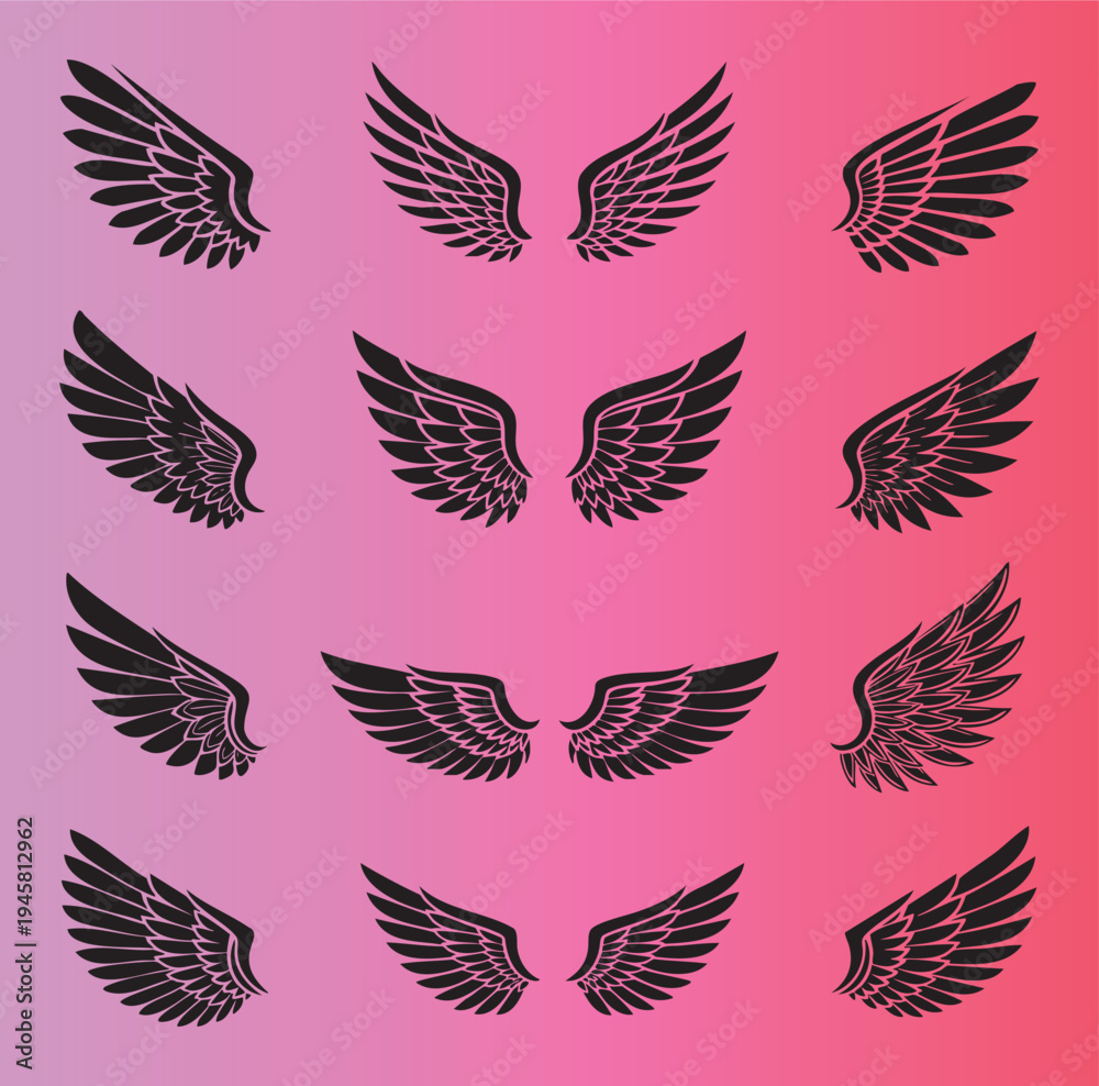 Fototapeta premium Collection of stylized bird wings in various poses and angles