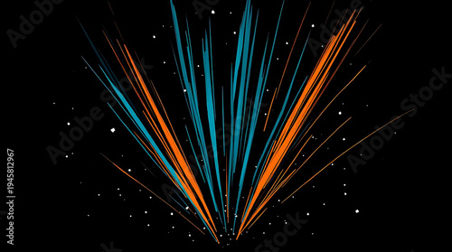 Abstract background with blue and orange streaks and particles on black