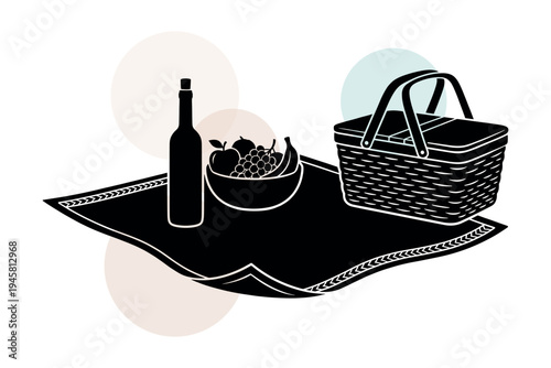 Vector set of picnic essentials featuring a basket bottle and fruit bowl on a classic rug. Simple silhouette icons for summer vacation and park dining vector illustration design