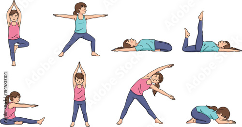 Woman practicing yoga poses collection including stretching balance meditation healthy fitness lifestyle vector illustration set
