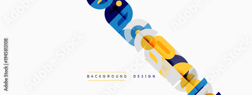 Abstract geometric shapes create dynamic diagonal pattern. White background emphasizes colorful design elements. Minimalist aesthetic.