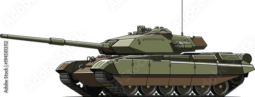 Detailed side view illustration of modern main battle tank with camouflage pattern, turret gun, reactive armor, continuous tracks, sensors, and advanced battlefield communication equipment.