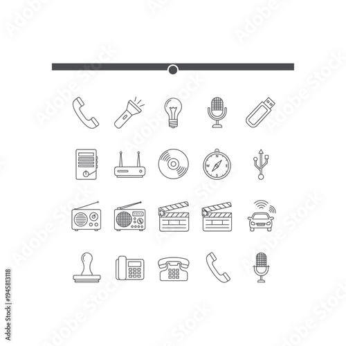 A collection of 20 black and white icons for communication and media