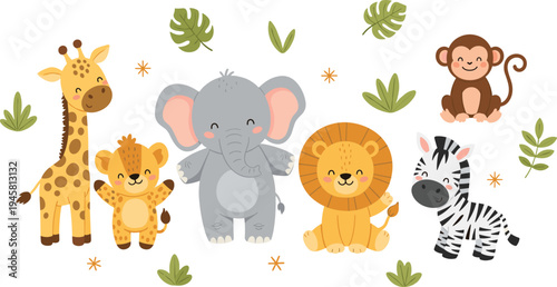 Cute safari animals cartoon set with giraffe lion elephant zebra and monkey jungle wildlife vector illustration
