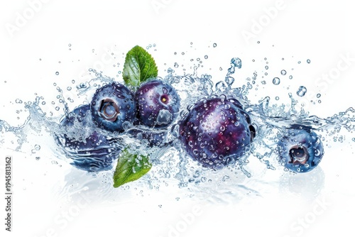 Huckleberry Splashing in Water on White Background
