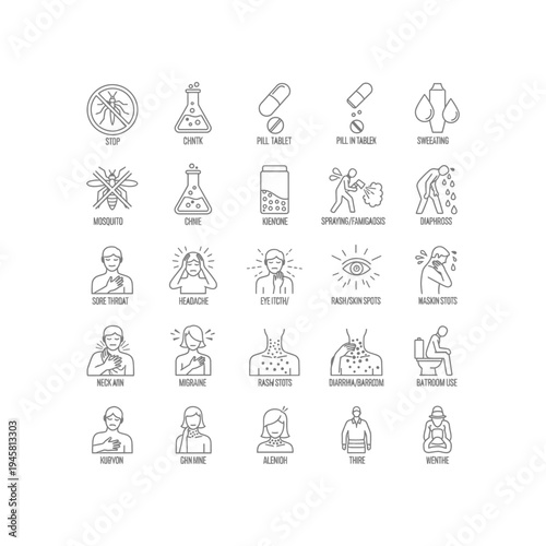 A collection of icons depicting various hazardous materials and their effects on humans