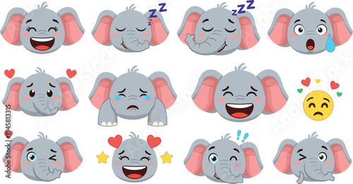 Cute baby elephant emoji faces set with happy sad sleepy love and surprised expressions cartoon animal vector illustration