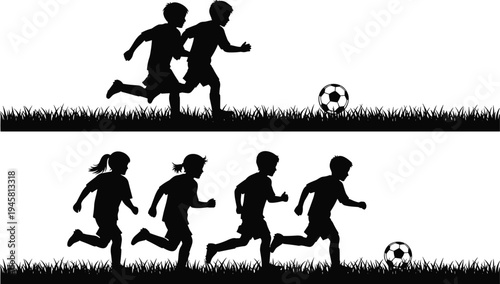 Kids playing soccer silhouettes, children running with football on grass field, youth sport activity, outdoor game, childhood teamwork concept