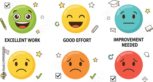 Student performance feedback emoji set with excellent good effort and improvement needed school evaluation vector illustration