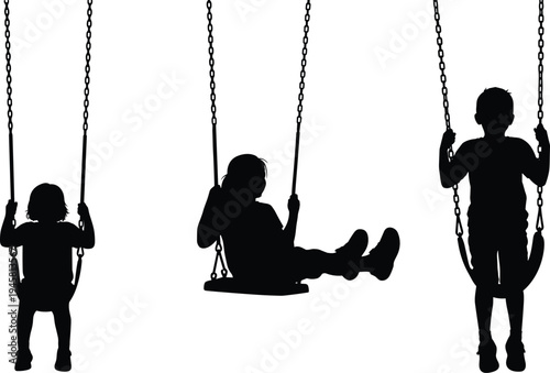 Kids swinging silhouettes on playground swing set, children playing outdoor park, happy childhood activity, black silhouette illustration isolated