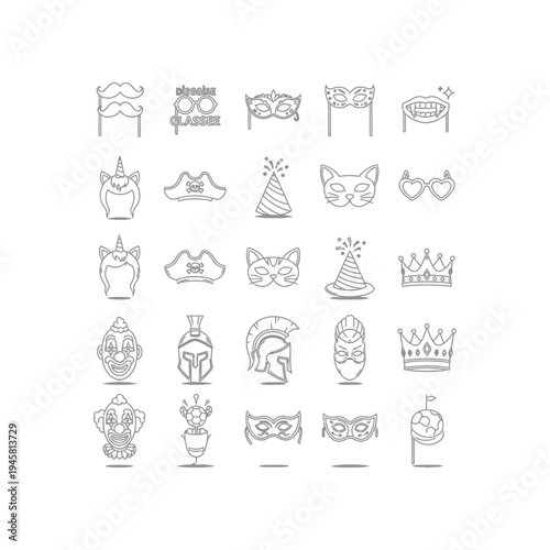 A collection of 25 black and white line drawings of masks and hats