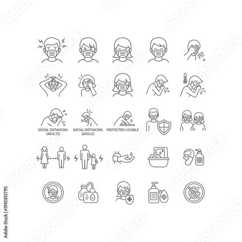 A collection of line illustrations demonstrating covid-19 prevention measures