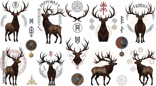 Viking Deer Norse Mythology Vector Set with Nordic Stag, Runes, Viking Symbols, Shields and Scandinavian Tribal Elements.