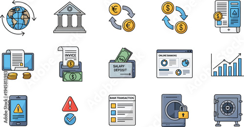 Banking and financial services icon set featuring global finance, currency exchange, online banking, invoice payment, salary deposit, security vector