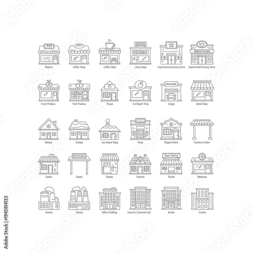 A collection of 25 different building facade line drawings