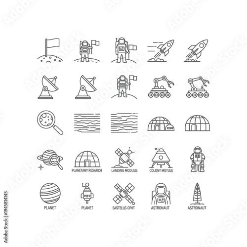 A collection of black and white space related icons