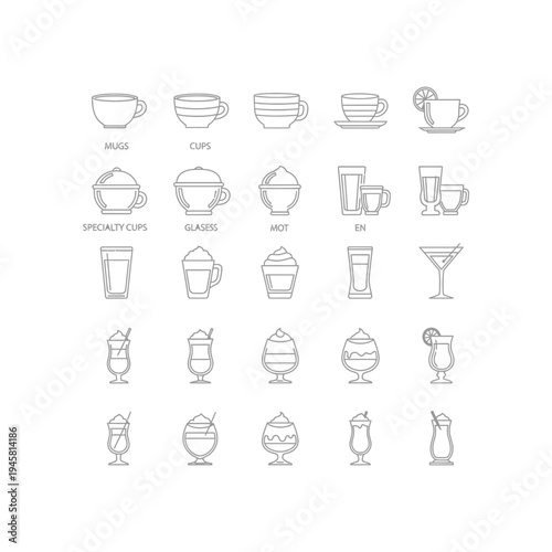 A collection of different types of cups and glasses