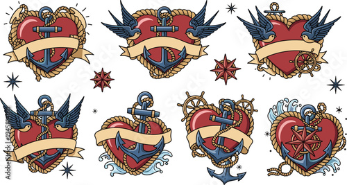 Nautical tattoo heart set with anchor swallow rope compass and sailor banner traditional old school vector illustration