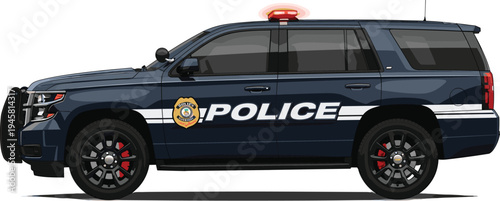 Dark blue police SUV illustration, modern patrol vehicle design, law enforcement transportation artwork, emergency response concept, tactical security car graphic style