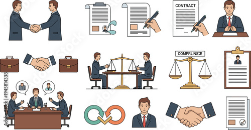 Business Contract Agreement Vector Set with Handshake Lawyer Meeting Legal Documents Compliance Balance Scale and Partnership Illustration