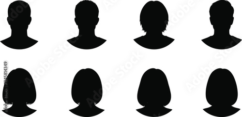 Male and female avatar silhouette set, user profile icons collection, anonymous people head shapes, social media account avatars, vector style
