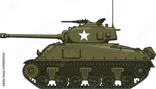 Side view illustration of World War II M4 Sherman tank in olive green with white star insignia, turret gun, machine gun, tracks, and suspension system details.