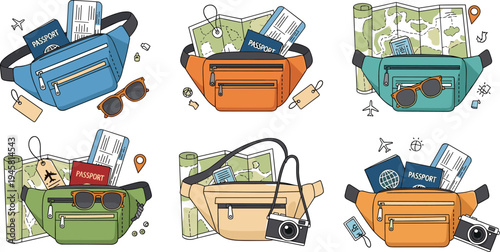 Travel waist bag with passport map tickets camera and sunglasses vacation accessories cartoon vector illustration set