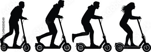 People riding electric scooters silhouettes, urban eco friendly transport concept, modern city commuting mobility, black silhouette illustration isolated