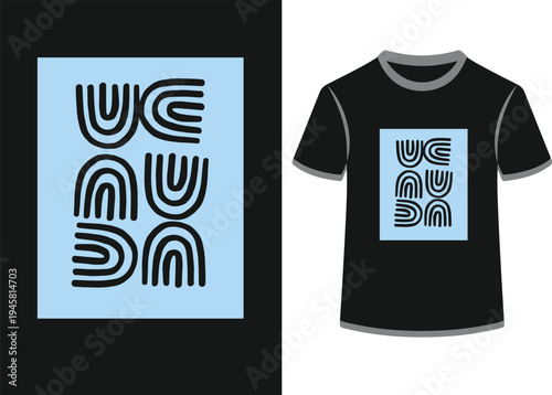 Geometric abstract art with black arches on light blue background t shirt mock up