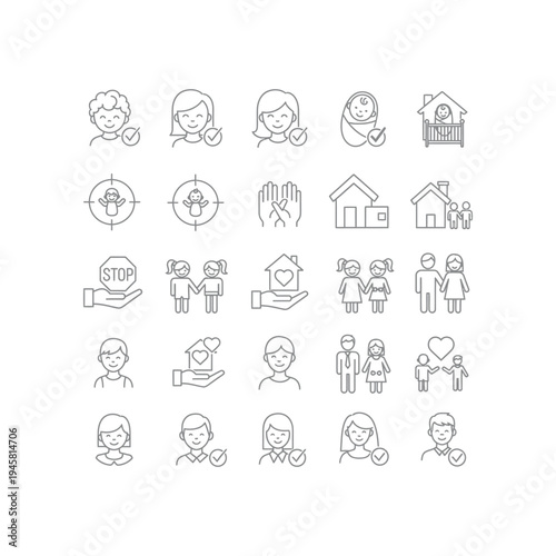 A collection of black and white icons representing people and family