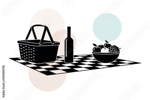 Vector set of woven hamper wine bottle and bowl of fresh fruits on a large checkered rug. Minimalist flat symbols for summer picnic and outdoor garden party vector illustration design