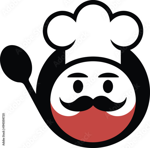 Cartoon chef character with mustache and red cheeks smiling  chef hat and spoon