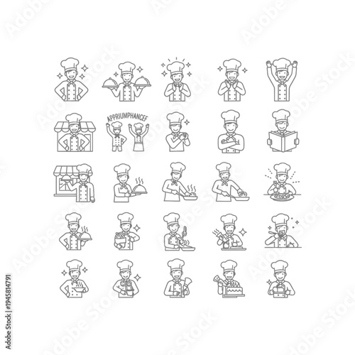 A collection of 20 different chef poses and expressions