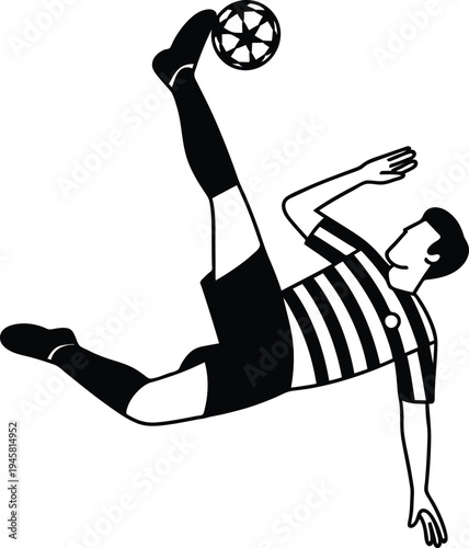 Man in striped shirt kicking ball with leg in air  sports action illustration