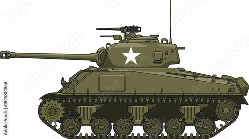 Side view illustration of World War II M4 Sherman tank in olive green with white star insignia, turret gun, machine gun, antenna, and tracked suspension system.