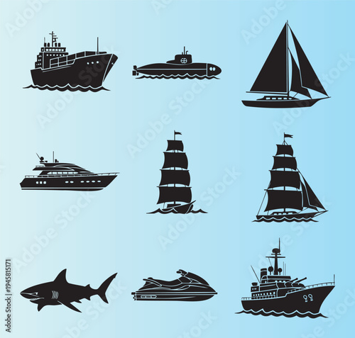 Collection of various ships and watercraft in flat design style