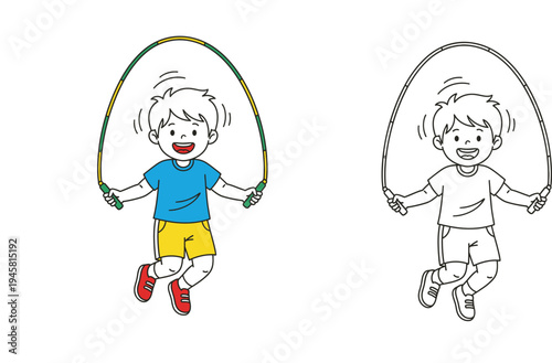 Happy little boy jumping rope cartoon illustration. Colorful and black outline line art coloring page versions.