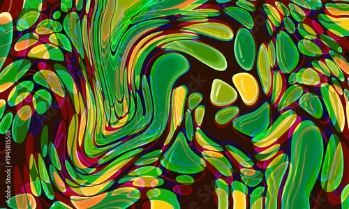 Abstract digital art with a dynamic swirl of green and yellow shapes