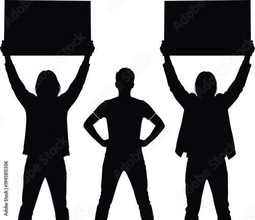 Protesters holding blank protest signs silhouette, demonstration activism concept, people raising placards, social protest illustration isolated background