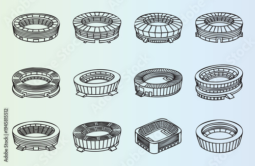 Collection of various stadium and arena architectural illustrations