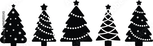 black Christmas tree silhouettes with stars and decorative lights for winter holiday season and festive celebration.