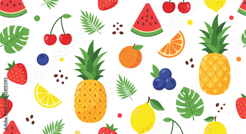 Colorful Tropical Fruit Seamless Pattern with Pineapple Watermelon Strawberry Orange Lemon Blueberry Cherry and Green Leaves Summer Vector Background